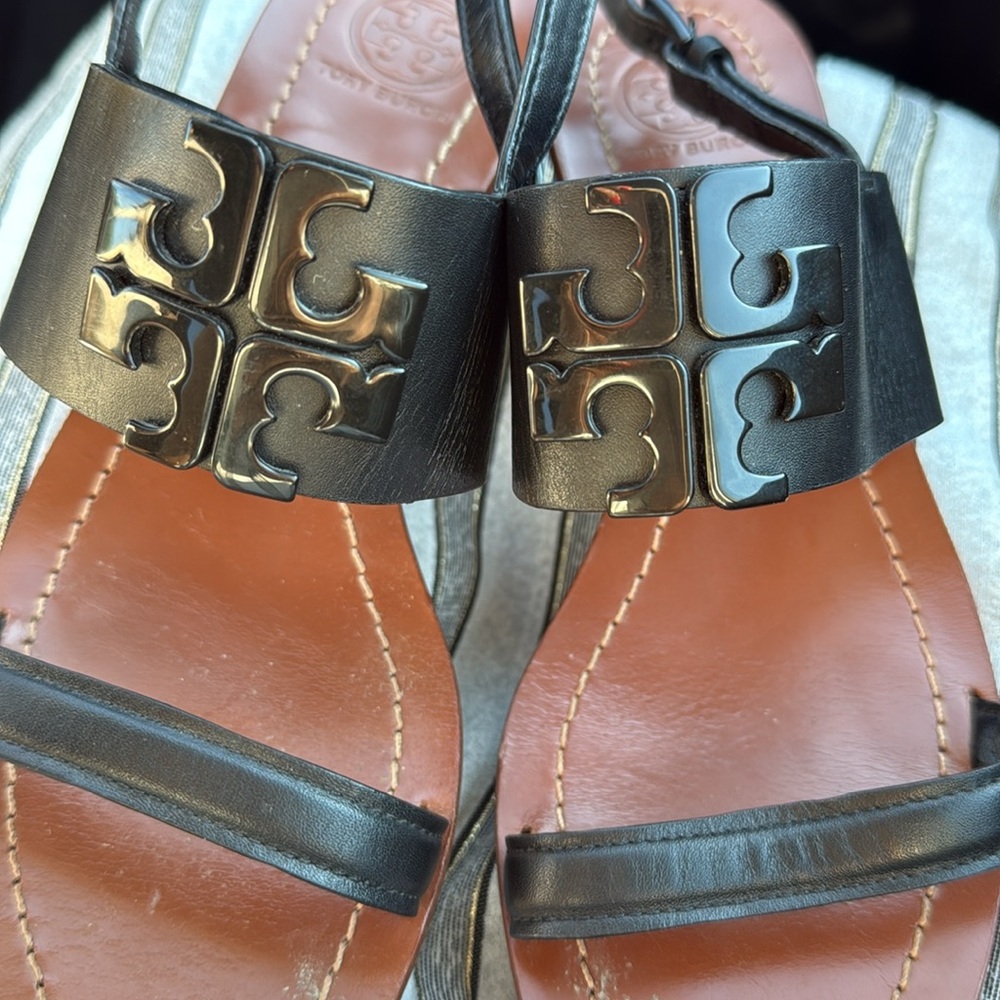 Tory Burch Black Lowell Napa Leather Block Heels Black Sz 7 Sandals. Excellent - Picture 7 of 14